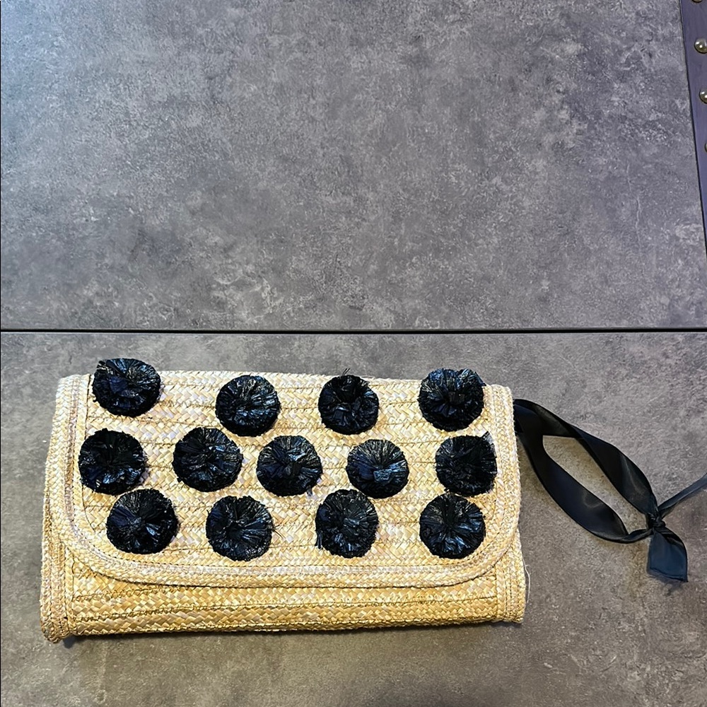 Ann Taylor Black and Tan Clutch with Pom-Pom Accents